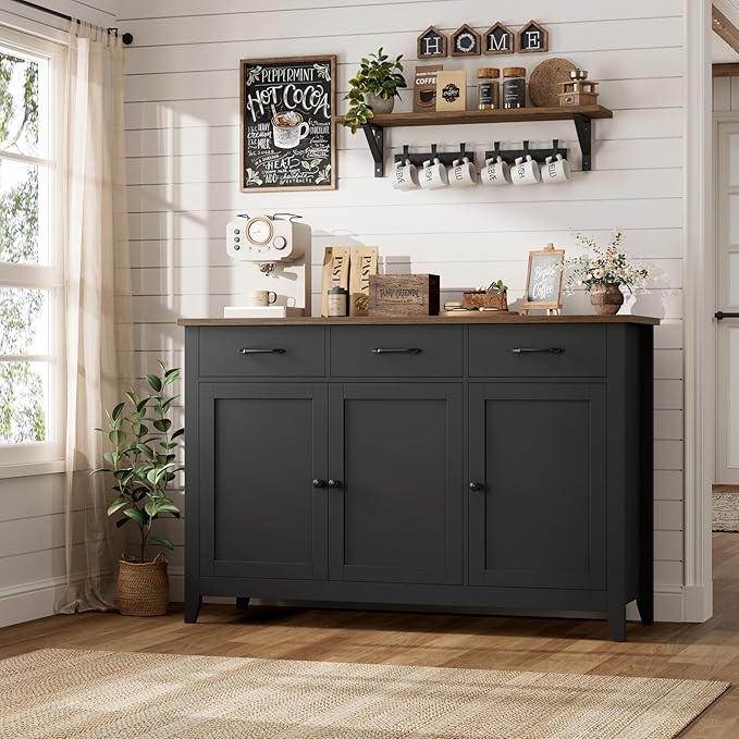HORSTORS 47" Buffet Cabinet with Storage, Kitchen Buffet Table with Drawers, Modern Farmhouse Coffee Bar Storage Cabinet with Adjustable Shelf, Wood Sideboard for Dining Room, Kitchen, Entryway, Black