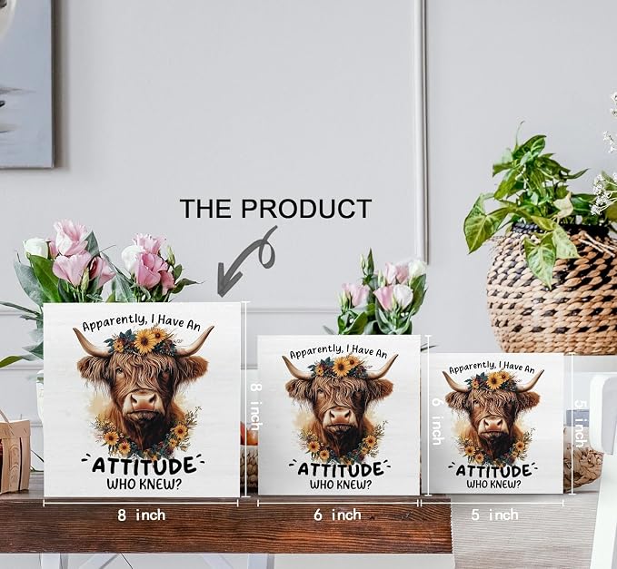 Highland Cow Sign, Farm Cottagecore Animal Office Kitchen Bedroom Decor, Apparently I Have an Attitude Who Knew Wooden Box Signs, Apparently Highland Cow Gifts for Women Men 8x8 in Decorative Signs & Plaques