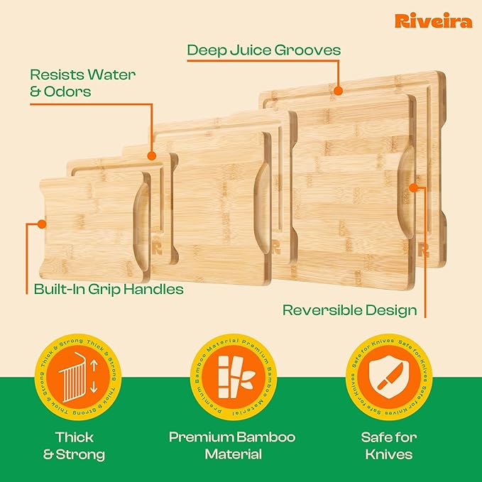 Riveira Bamboo Wood Cutting Board – Versatile And Durable: Set of 3 Pcs Rectangular Wooden Cutting Board – Natural Wooden Cutting Boards For Kitchen – Complete Bamboo Wooden Chopping Board