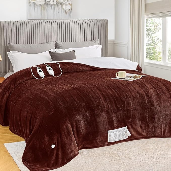 greenoak Heated Blanket Electric Queen Size 84"X90" Dual Control, Heating Blankets with 10 Levels 8 Hours Auto-Off, Soft Flannel Sherpa Fluffy House Warming Gifts for Grandma Seniors Mom,Mocha