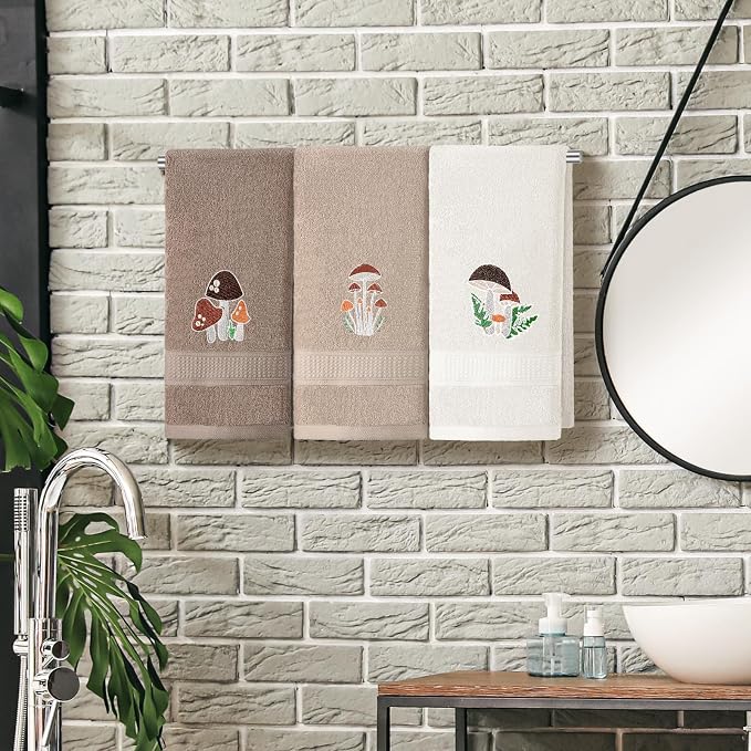 3 Pcs Mushroom Decorative Hand Towels for Bathroom Decor | Mushroom Kitchen Towels Set, Farmhouse 100% Cotton, Embroidered Towel for Bathroom Kitchen 13.3 x 29.5''