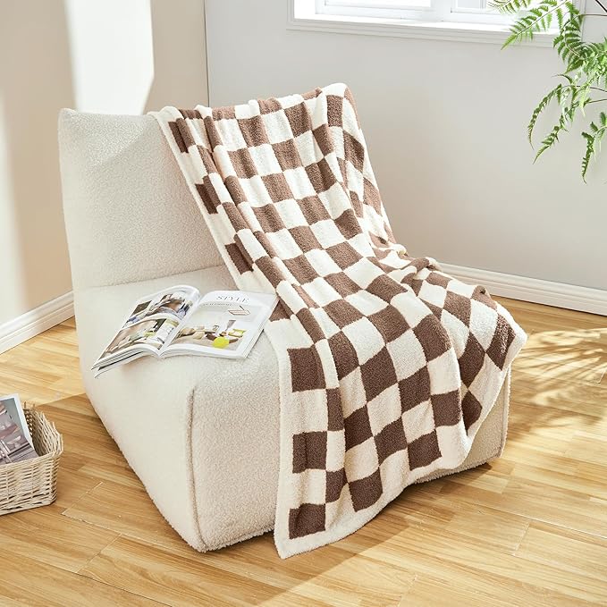 CozeCube Super Soft Fullfy Microfiber Reversible Knitted Blankets, Warm Cozy Fuzzy Plush Throw, Dark Brown and White Checkered Throw Blanket for Couch Bed Sofa, 60" x 80"
