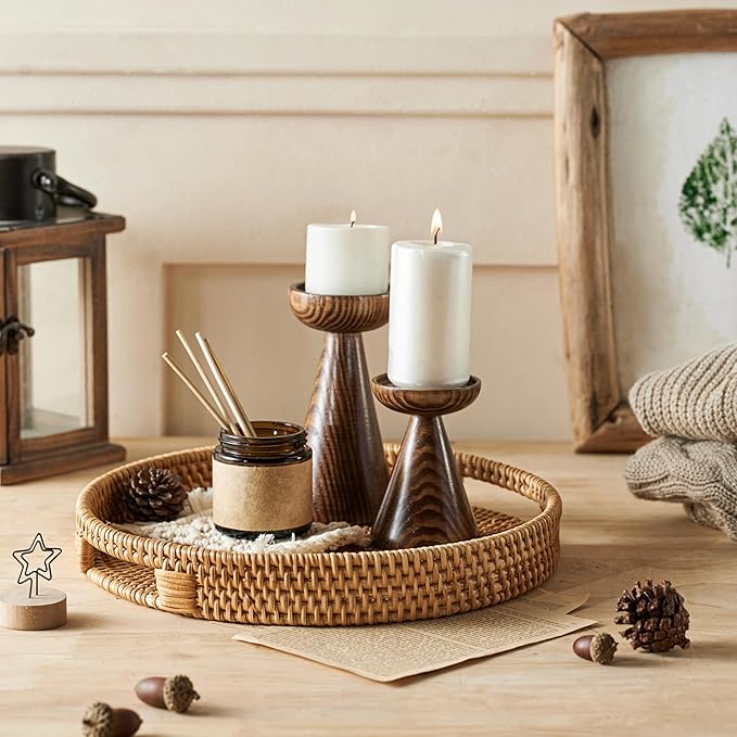 JUNGLE CULTURE Rattan Serving Tray 12" in Natural Honey • Woven Serving Trays with Handles for Home • Round Decorative Circle Table Tray • Boho Wicker Serving Basket for Ottoman, Coffee Table, Couch