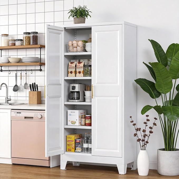 61.49''H Metal Pantry Storage Cabinet with 3 Adjustable Shelves,Farmhouse Kitchen Pantry Cabinet with 2 Doors for Home Kitchen,White, Assemble Required,13.7" D x 27.5" W x 61.4" H