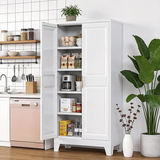 61.49''H Metal Pantry Storage Cabinet with 3 Adjustable Shelves,Farmhouse Kitchen Pantry Cabinet with 2 Doors for Home Kitchen,White, Assemble Required,13.7" D x 27.5" W x 61.4" H