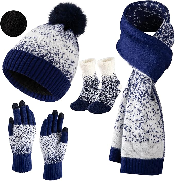 Womens Winter Beanie Hat Scarf Gloves Fuzzy Socks 4 In 1 Set Thermal Fleece Knitted Hat Warm Long Scarf Cold Weather