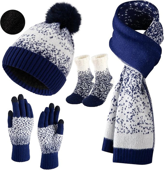 Womens Winter Beanie Hat Scarf Gloves Fuzzy Socks 4 In 1 Set Thermal Fleece Knitted Hat Warm Long Scarf Cold Weather