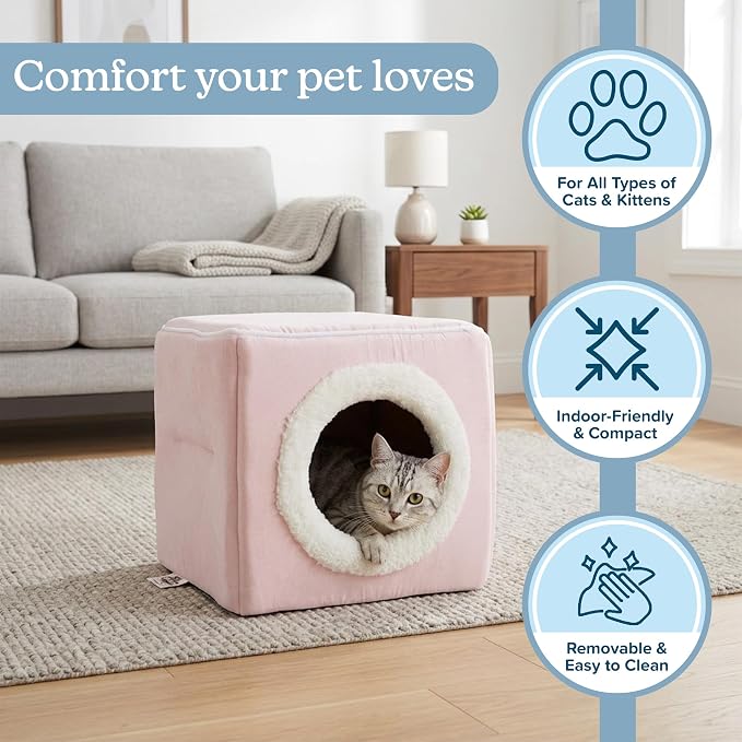 Cat House - Indoor Bed with Removable Foam Cushion - Cat Cave for Puppies, Rabbits, Guinea Pigs, Hedgehogs, and Other Small Animals by PETMAKER (Pink)