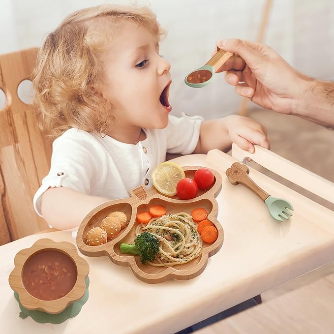 Bamboo Suction Plates Bowls Set for Baby Toddler - Includes Bamboo Bowl, Divided Plate, Silicone Fork & Spoon, All-Natural Baby Feeding Set for Baby-Led Weaning