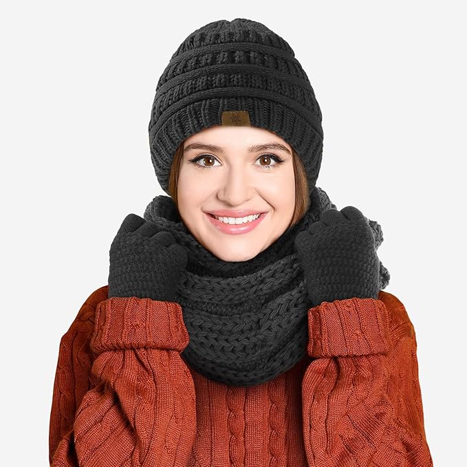 Winter Beanie Hat Scarf Gloves Set, Winter Clothes for Women, Fleece Lined Hats Touchscreen Gloves Thick Neck Warmer