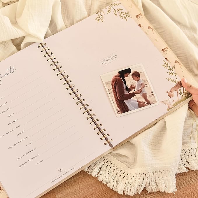 Peachly Unisex Baby Memory Book | Minimalist First Year Baby Book Keepsake for Milestones | Baby Scrapbook for Boy or Girl | Natural Linen - Forest