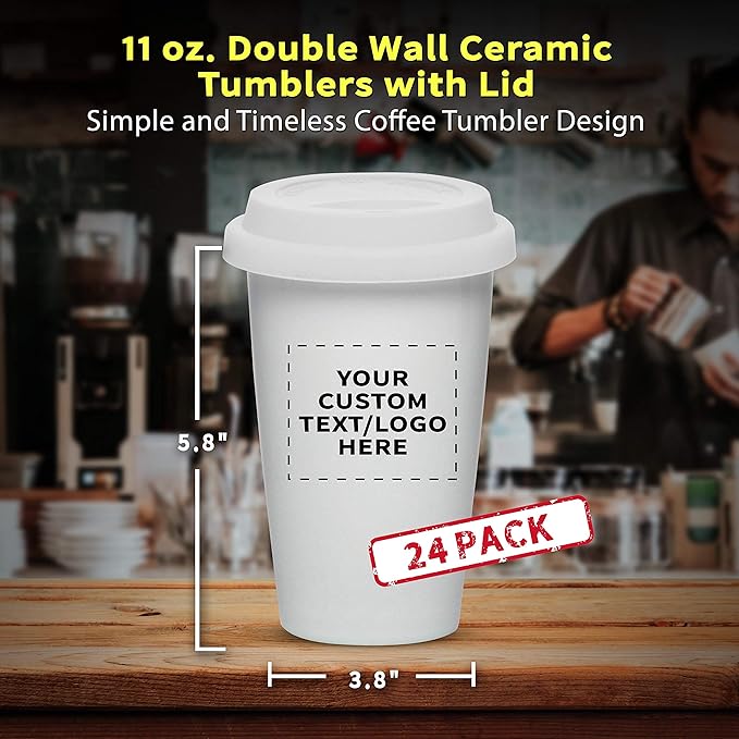 Personalized 11 oz. Double Wall Ceramic Tumblers with Lid - 24 Pack - Custom Text, Logo - White