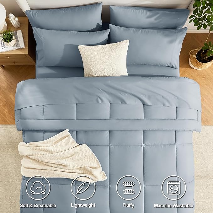CozyLux King Size Comforter Set Grayish Blue, 7 Pieces Bed in a Bag, Dusty Blue Comforter King Size, All Season Bedding Sets with Stitch Quilted Comforter, Flat Sheet, Fitted Sheet, Pillowcases
