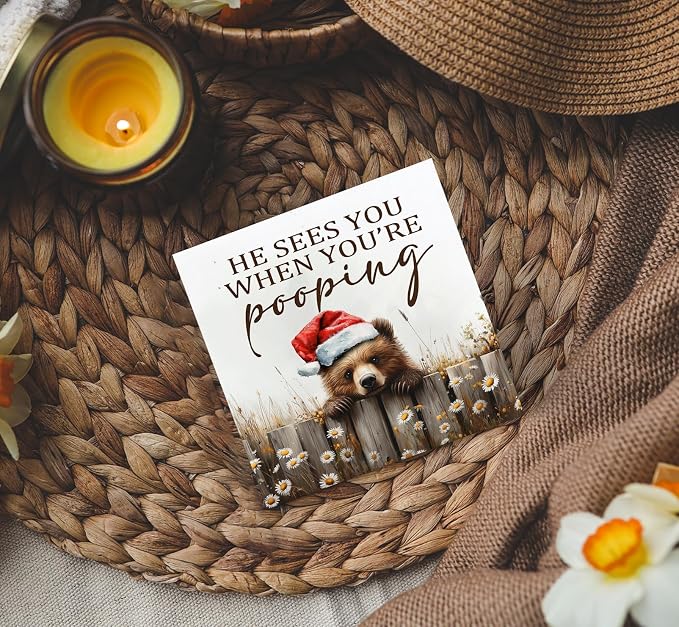 Christmas Bear Home Bathroom Decor Sign - Farmhouse Western Christmas Animal Bathroom Decor,Rustic Farm Animal He Sees You When You're Pooping Signs,Bear Gifts for Women