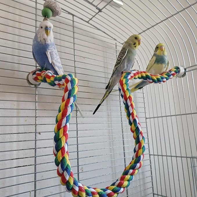 Mygeromon Bird Rope Perches Cage Climbing Accessories (31.5inch Metal nut) | for Parakeet, Parrot, Cockatiels, Budgie, Colorful