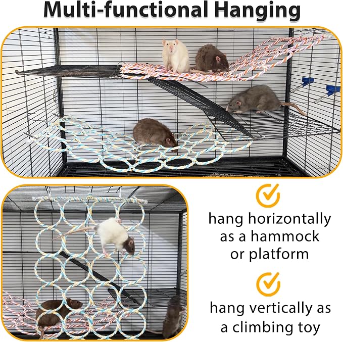 2Pcs Rat Climbing Rope Net Toy for Cage, Hanging Swing (Random Color) | Multifunctional Small Pet Activity Toy Works As Hemp Perch, Rope Ladder, Bridge and Hammock for Rats, Birds to Climb and Rest