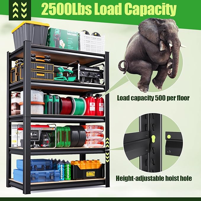 Garage Shelving,Heavy Duty Garage Storage Shelves,Metal Shelving Unit,5 Tier Adjustable Steel Utility Shelf,Use for Basement,Warehouse, Pantry Closet,Black (72" H*36" W*15.9" D)
