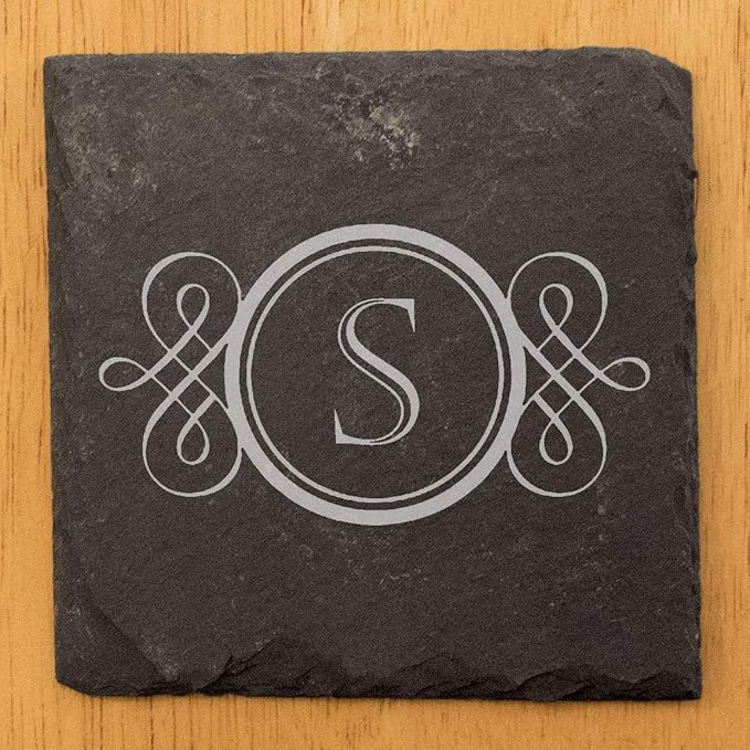 Rustic Refinement: Personalized Slate Coasters with Initial Design - Square Slate - Set of 6