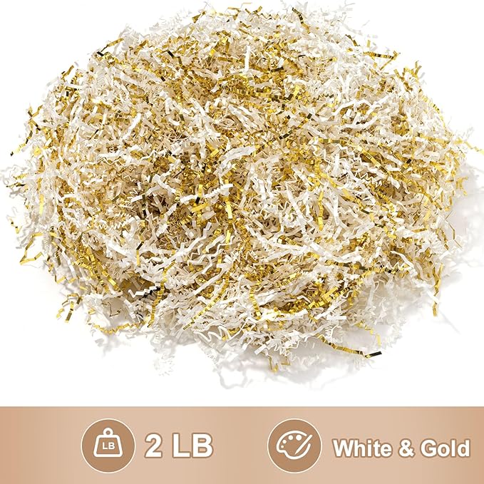 Wowxyz 2 LB Crinkle Cut Paper Shred White & Gold Gift Box Filler - Baskets Stuffing Shredded Paper Confetti for Christmas, Holiday Gifts Packaging Wrapping