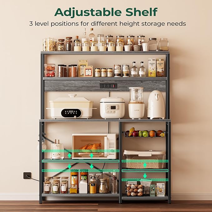 SUPERJARE Bakers Rack with Power Outlet, 47.2 Inches Coffee Bar with 3 Level-Adjustable Open Shelves, Wire Basket, Kitchen Microwave Stand with 6 S-Shaped Hooks, Grey
