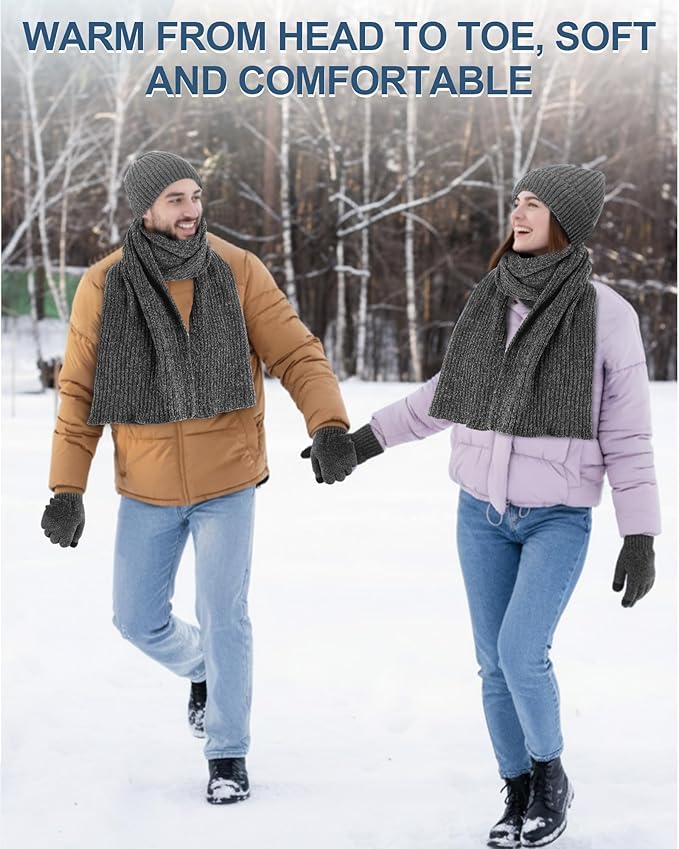 Geyoga 6 Pcs Winter Knit Set Beanie Hat Long Scarf Touchscreen Gloves Ear Muff Socks Warm Valentine Gift for Women Men Snow(Dark Grey,Classic Style)