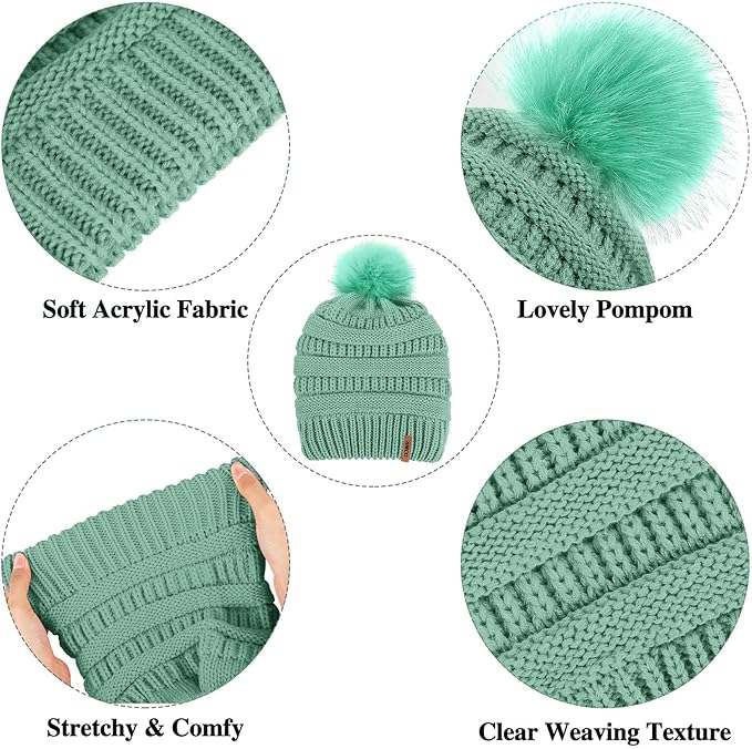 Aneco Womens Winter Warm Sets Knitted Fur Pompoms Beanie Hat Circle Loop Scarf Touch Screen Gloves Winter Favor Accessories