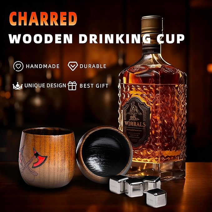 Charred Wooden Bourbon Drinking Glass,2 Pieces 11oz Handcrafted Old Fashioned Whiskey Tumbler,Viking Cup,Bourbon Gifts for Men, Dad, or Brother,Whiskey Gifts