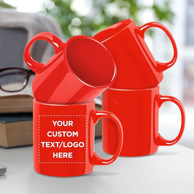 Custom Ceramic Coffee Mugs 11 oz. Set of 100, Personalized Bulk Pack - Coffee cup set, Iced coffee cup, Gaming mug - Red