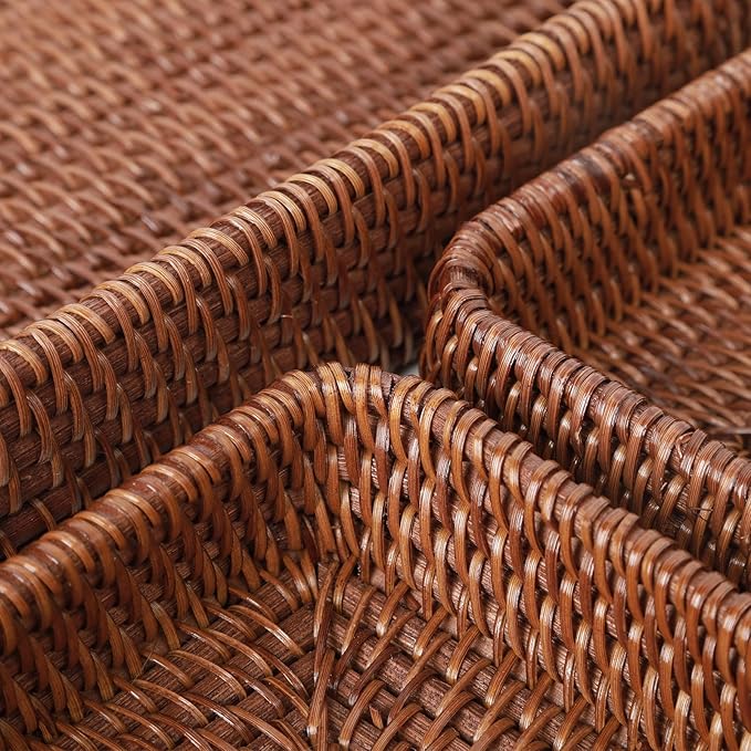Rattan Serving Tray, Rectangular Woven Tray, Natural Wicker Decorative Serving Baskets for Organizing Tabletop Bathroom Kitchen Counter (Dark Brown)