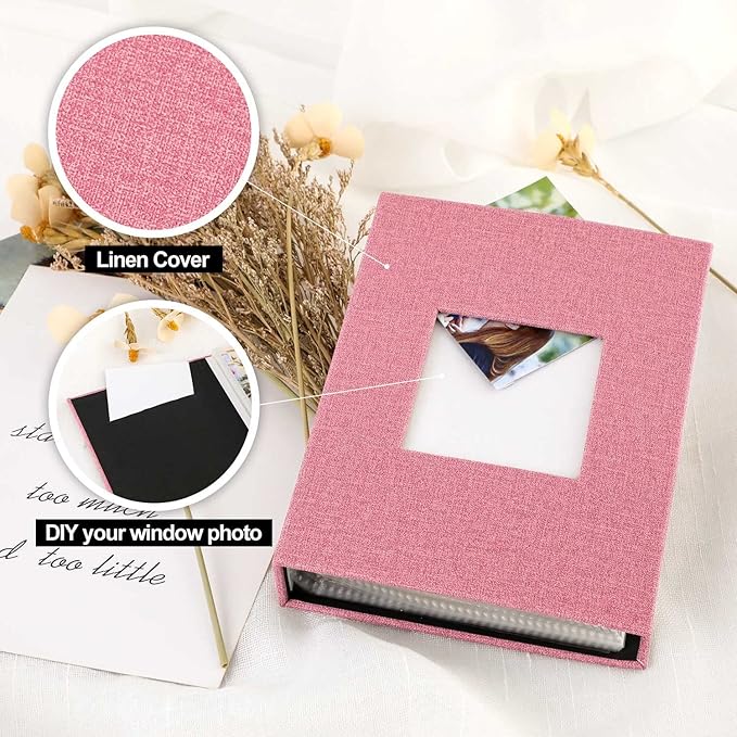 Ywlake Photo Album 4x6 100 Pockets 2 Packs, Small Mini Capacity Linen Photo Album Bulk Sets, Each Pack Holds 100 Top Loader Vertical Only Picture for Kids Boy Girls Pink