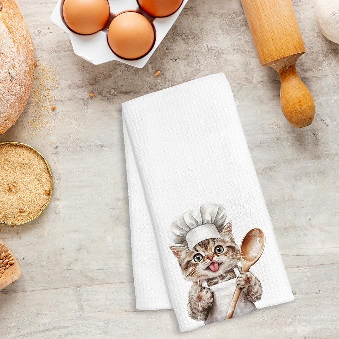Funny Tabby Cat Chef Kitchen Towels, Cat Lover Mom Dad Gifts, Gifts for Chef, Funny Kitty Decorative Dish Hand Tea Towels for Kitchen Bakery, 16x24 Inch