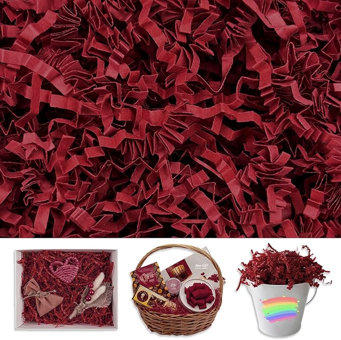 Deep Red Crinkle Cut Paper Shred Filler, 2 LB Basket Filler Shredded Paper, Confetti Stuffing for Basket Filling, Halloween, Thanksgiving, Christmas, Birthdays, Gift Wrapping, Stuffer Party Supplies
