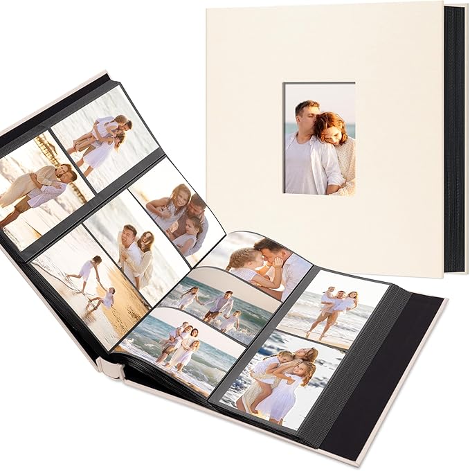 Photo Album Holds 600 Pockets with Linen Cover and Customizable Window, Fits 4x6 Photos, Archival Black Pages, Beige