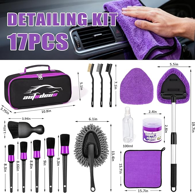 AUTODECO Windshield Cleaner Tool, 17Pcs Car Interior Detailing Kit, Detailing Brush, Towels, Duster, Car Cleaning Kit Interior for RVs, Truck, Trailer (Purple)