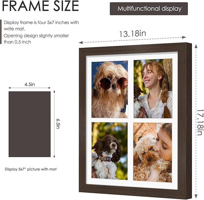 12x16 Picture Frame 5x7 Collage Picture Frame Displays Four 5x7 inch Photos or 12x16 (Without Mat) for Available Horizontal Wall Mounting Display and Vertical Walnut