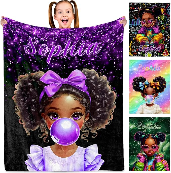 Custom Afro Girl Blanket - Personalized Throw Blanket Gift for Girls Kids Teens Adults (Bubble Gum Girl)