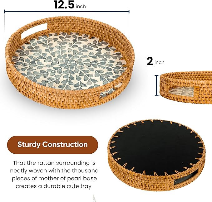 KOLWOVEN Round Rattan Tray with Handle, Rattan Serving Tray with Mother of Pearl Inlay Wooden Base (White- Black Leaves)