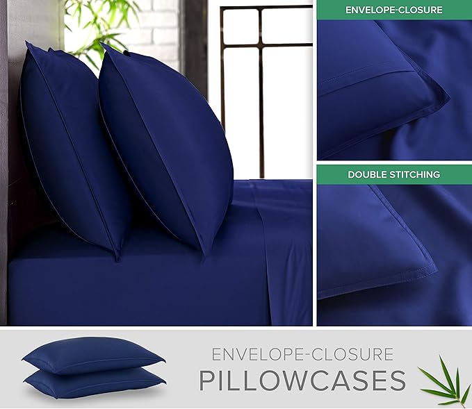 Queen Sheets by Pure Bamboo, Genuine 100% Organic Viscose Derived from Bamboo Bed Sheet Set, Luxuriously Soft & Cooling, Double Stitching, Lifetime Quality Promise (Queen, Cobalt Blue)