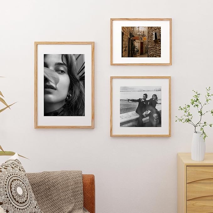 Fun Memories 16x24 Picture Frame for Wall, Solid Oak Wood With Real Glass, Matted to 12x18, Poster Frame (Beige Oak Color, 2 Pack)