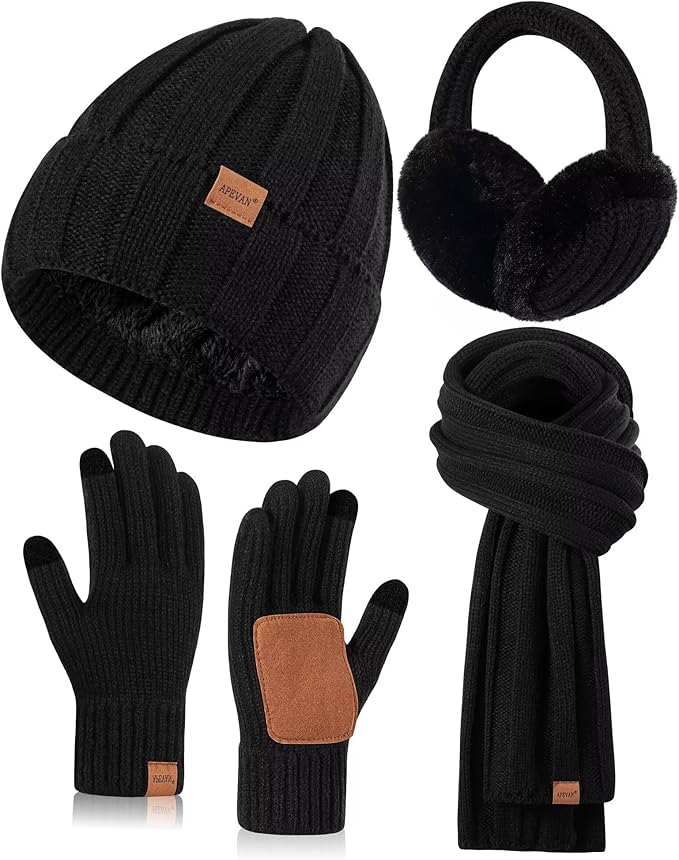 Winter Hat Gloves Scarf Earmuffs Set for Women, Fleece Lined Beanie Long Scarf Touchscreen Gloves Ear Warmer, 4 in 1 Gift Set