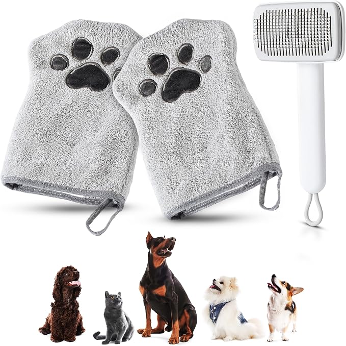 Grooming Mitt Kit with Deshedding Brush, Dogs & Cats | includes 2 mitts, self-cleaning deshedding brush, machine washable