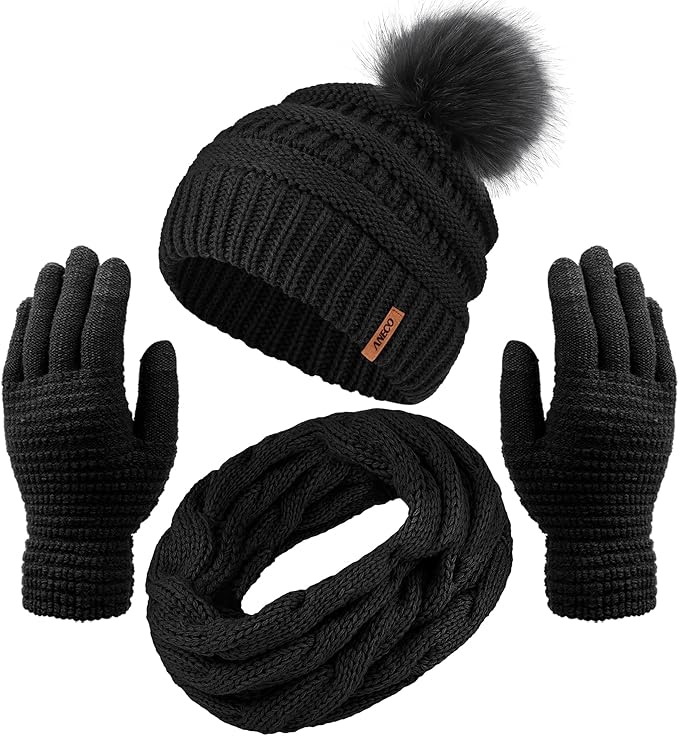Aneco Womens Winter Warm Sets Knitted Fur Pompoms Beanie Hat Circle Loop Scarf Touch Screen Gloves Winter Favor Accessories
