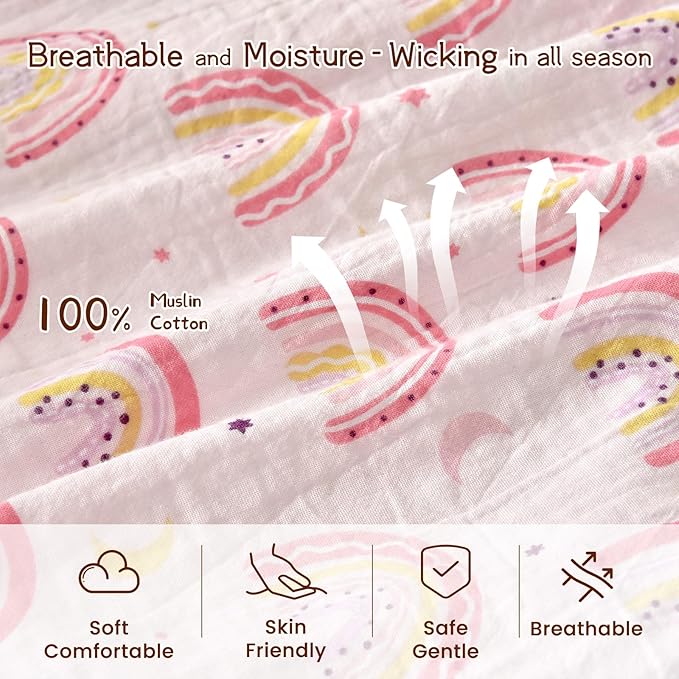 PHF 100% Muslin Cotton Baby Sleep Sacks, 12-18 Months Sleep Sack with 2-Way Zipper, 2 Pack Cooling 0.5 TOG Breathable Large Size Sleeveless Baby Wearable Blanket for Baby Girl, Rainbow