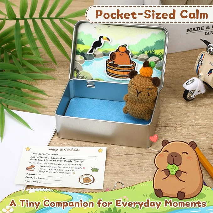 Little Pocket Capybara Mini Capybara Tin Desk Decor Back to School | Cute mini capybara in a pocket tin, a desk gift and collectible for coworkers, friends and capybara lovers.