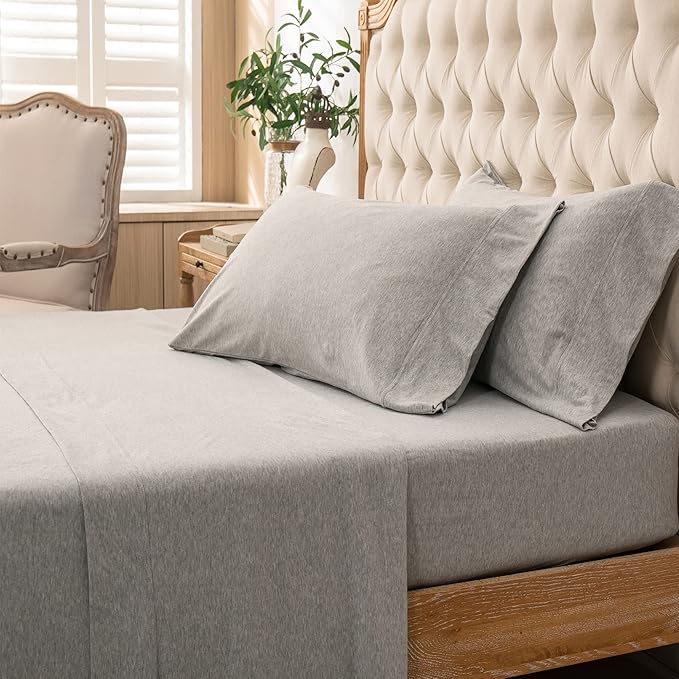 PURE ERA Jersey Knit 4pc Bed Sheet Set 100% T-Shirt Heather Cotton Super Soft Comfy Breathable Fits Mattress Up to 20" Extra Deep Pocket (Heather Light Grey, Full)