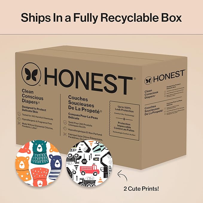 The Honest Company Clean Conscious Diapers for Sensitive Skin Up to 100% Leakproof Hypoallergenic Fragrance-Free Baby Gender Neutral Prints Super Club Box Size 6 (35 lbs) 68 Count