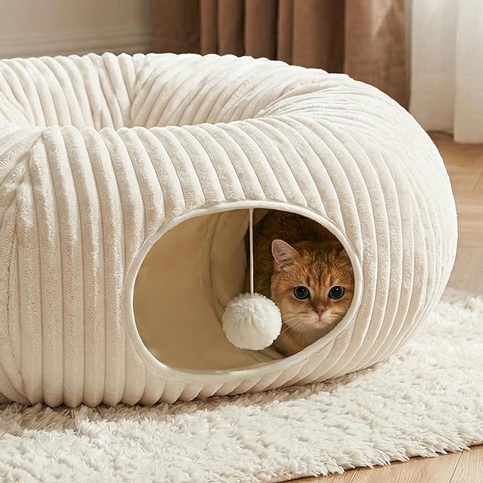 Cat Tunnel Bed with 40 Pcs Interactive Cat Toys, White | Cat Tube with Kitten Toys for Indoor Kittens, Collapsible Play Tunnel, Cat Gifts