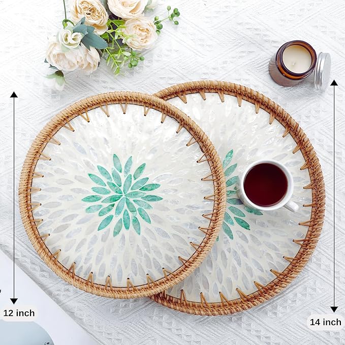 14" Large Rattan Serving Tray with Mother of Pearl, Round Coffee Table Tray Decor, Boho Decorative Hand-Woven Wicker Home Decor (Summer Green)