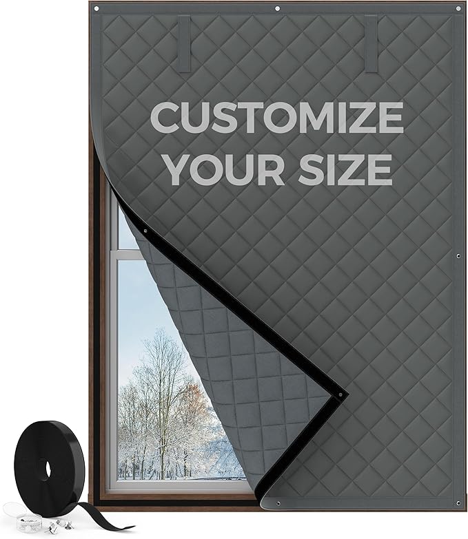 Customized Window Insulation for Winter, Thermal Insulated Window Cover Oxford Cloth Thicken Cotton Fiber and Loop Strips Kit for Window Winterize