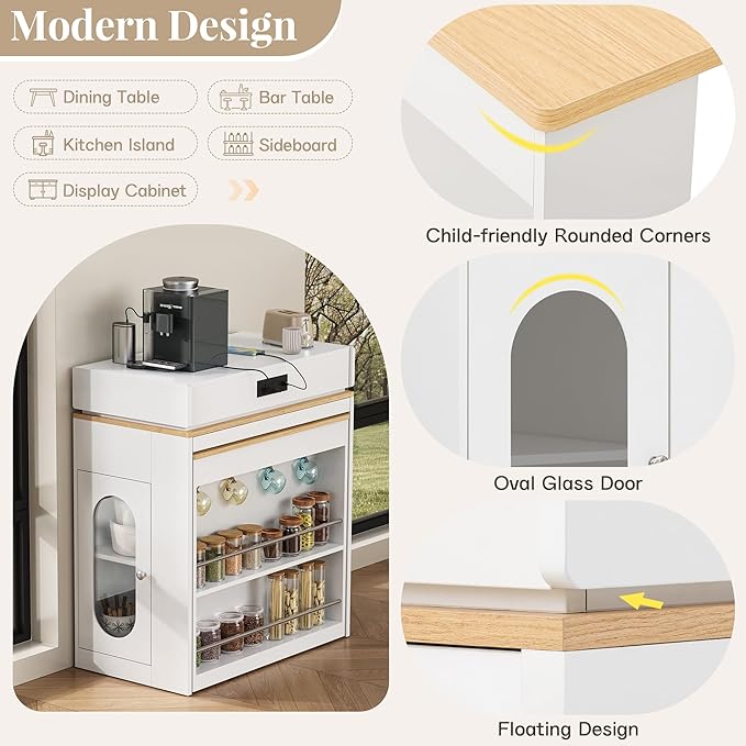 Amposei Kitchen Island with Extendable Dining Table & Power Outlet, 58’’ Breakfast Bar Coffee Station Sideboard Glass Door Storage Cabinet with Drawers, Creamy White & Natural